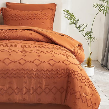 EMME King Comforter Set - 7 Pcs Pumpkin Boho Bedding Sets, King Size Tufted Comforter Set with Sheets, Shabby Chic Embroidery Bed Set Fluffy Bed Bag for All Season(102"X90")