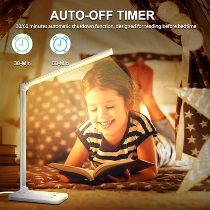 LED Desk Lamp Dimmable Table Lamp Reading Lamp with USB Charging Port, 5 Lighting Modes, Sensitive Control, 30/60 Minutes Auto-Off Timer, Eye-Caring Office Lamp