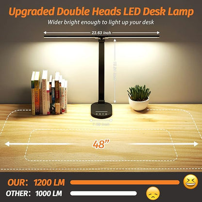 LED Desk Lamps for Home Office, Dual Swing Arm Desk Light, Dimmable Desk Lamp with USB Charging Port, Office Lamp with Night Light, 1H Timer, 5 Color Modes 5 Brightness Levels, Eye-Caring Table Lamp