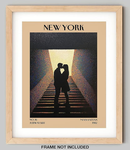 Retro Vintage New York Wall Art Print - 11x14 Unframed Poster - New York City Souvenirs, Cute Trendy Colorful Wall Decor (Kiss on the Subway, 11x14")
