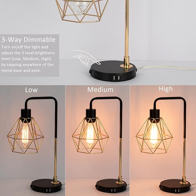 COTULIN Set of 2 Touch Control Black Gold Table Lamp,Modern Industrial Desk Lamp with 2 USB Charging Ports,3-Way Dimmable Bedside Nightstand Cage Reading Lamp for Bedroom Living Room Office Study