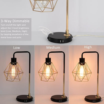 COTULIN Set of 2 Touch Control Black Gold Table Lamp,Modern Industrial Desk Lamp with 2 USB Charging Ports,3-Way Dimmable Bedside Nightstand Cage Reading Lamp for Bedroom Living Room Office Study