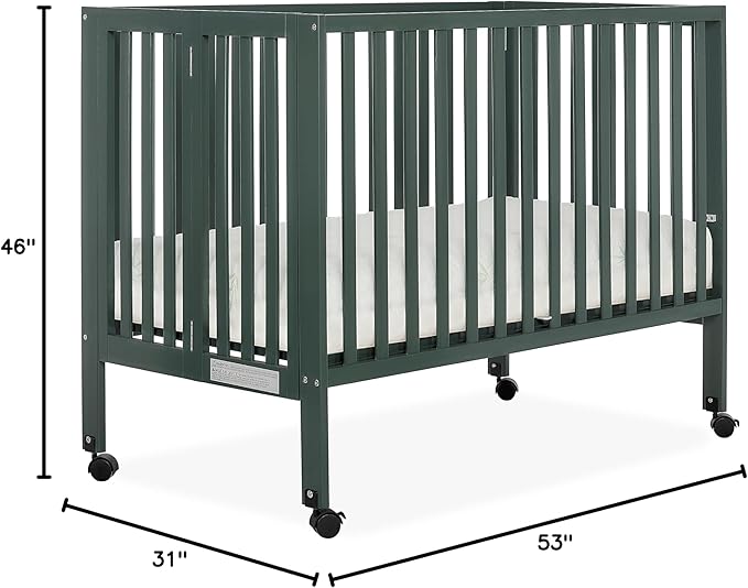 Quinn Full-Size Folding Crib in Olive, Removeable Wheels, Modern Nursey, Adjustable Mattress Support, Portable Crib, Patented Folding System