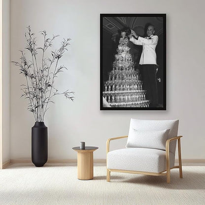 Champagne Tower 1920s, Pouring Over Stacked Glasses Black And White , Alcohol Poster, Bar Cart , Retro Wall Decor Canvas Poster Bedroom Decor Sports Landscape Office Room Decor Gift Black Frame 08x12i