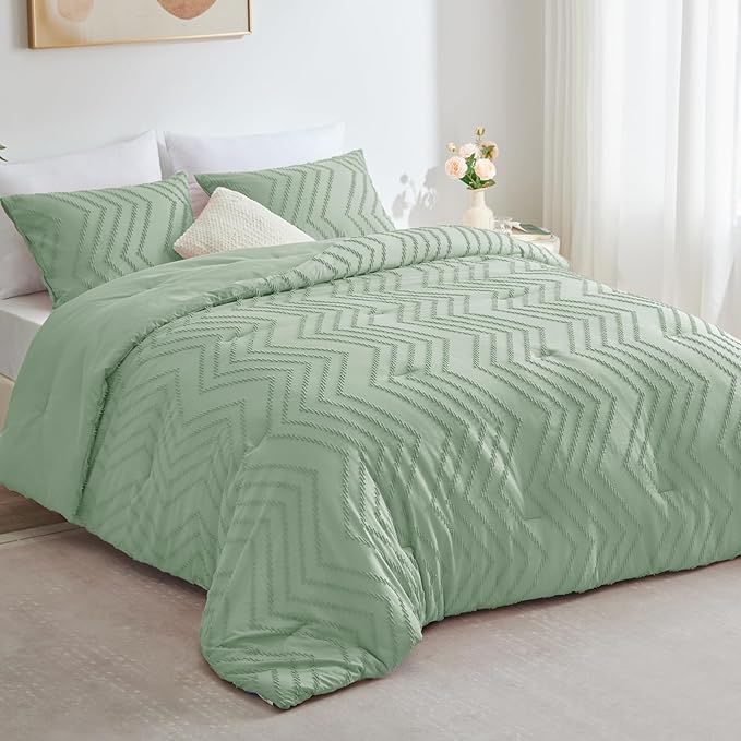 CozyLux Full Size Comforter Set Sage Green - 3 Pieces Boho Tufted Shabby Chic Bedding Comforter Set for All Seasons, Chevron Bedding Sets with Comforter & 2 Pillow Shams