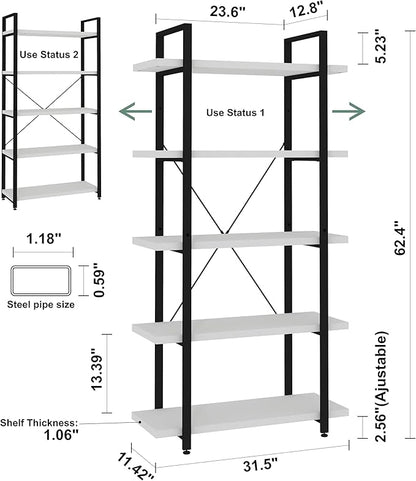 Panana 5 Tier Industrial Rustic Wooden Bookshelves, Vintage Open Wood and Metal Farmhouse Bookshelf Heavy Duty Storage Shelving Unit Rack (White)