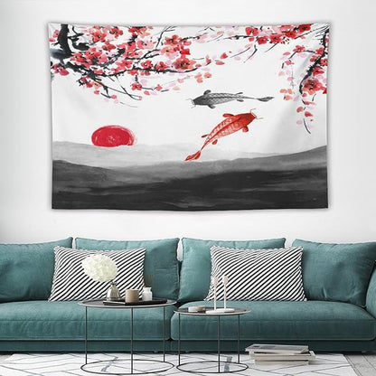 Houselerax Japanese Koi Fish Tapestries, Cherry Blossoms Asian Oriental Flower Branch Koi Fish Carp Tapestry Wall Hanging for Bedroom Living Room Office Decor 60"x40"