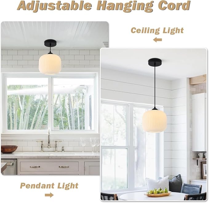 KCO Lighting Small Vintage 7.9” Black White Milk Ribbed Glass Pendant Light | Adjustable Cord E26 Hardwired Mid Century Modern Hanging Light for Sloped Ceilings Kitchen Island Bar Bedroom Dining Room