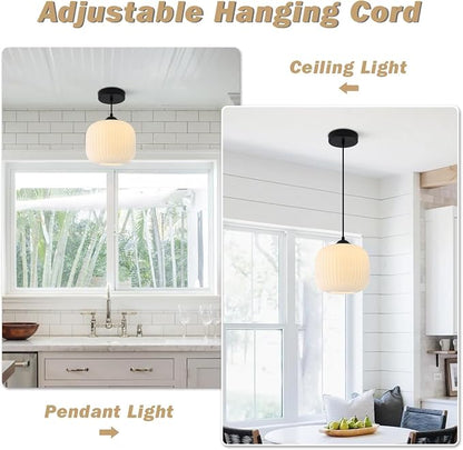 KCO Lighting Small Vintage 7.9” Black White Milk Ribbed Glass Pendant Light | Adjustable Cord E26 Hardwired Mid Century Modern Hanging Light for Sloped Ceilings Kitchen Island Bar Bedroom Dining Room