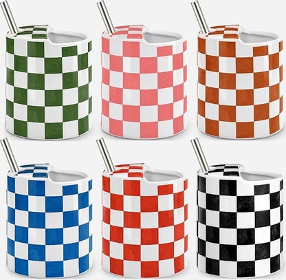 6 Pack Checkered Ceramic Coffee Mug with Sip Hole 10 oz Espresso Cup with Straws Retro Hand Painted Checkered Porcelain Coffee Tea Cup Cappuccino Latte Mug for Kitchen Dining Travel