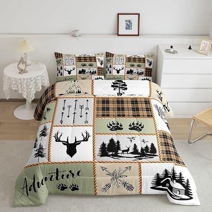 Camper Adventure Kids Comforter Set King Size,Deer Antlers Bear Paws Farmhouse Bedding Set for Boys Girls Adults Room Decor,Arrows Plaids Patchwork Down Comforter,Rustic Duvet Insert,2 Pillowcases