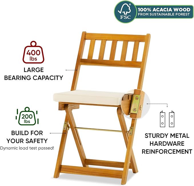 Square Table Heavy Duty 400lbs Capacity Patio Bistro Set 3 Piece Outdoor, Folding Chairs w/Cushion