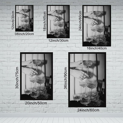 Champagne Glasses Wall , Black And White Art, Wine Glasses Poster, Bar Cart , Cocktail, Retro Photography, Bar Wall Decor Canvas Poster Bedroom Decor Sports Landscape Office Room Decor Gift Black Fram