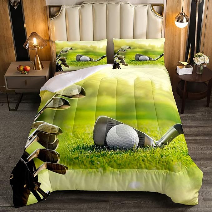 Erosebridal Golf Comforter Set Queen Size,Golf Clubs Bedding Set, Sports Game Theme Duvet Set Green Quilt Set, Boys Room Decorative Comforter Set Soft Breathable Ultra Lightweight