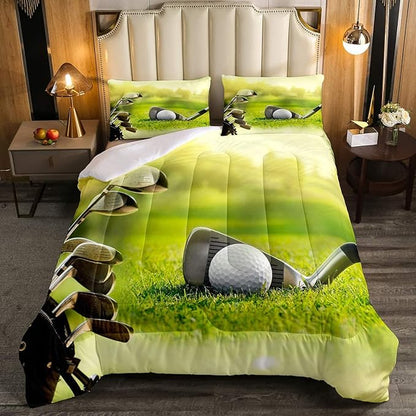 Erosebridal Golf Comforter Set Queen Size,Golf Clubs Bedding Set, Sports Game Theme Duvet Set Green Quilt Set, Boys Room Decorative Comforter Set Soft Breathable Ultra Lightweight