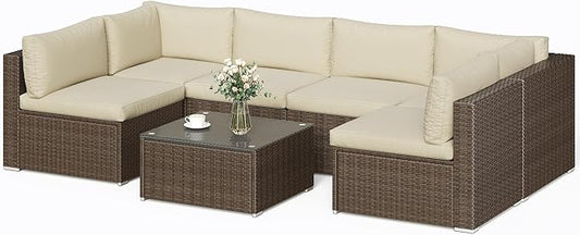 SUNVIVI OUTDOOR 7 Piece Patio Sectional Sofa Outdoor All Weather Brown PE Wicker Furniture Set, Paito Conversation Sofa Set with Glass Table, Removable Beige Cushions