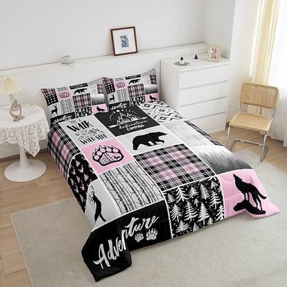 Rustic Farmhouse Comforter Set King Size,Deer Bear Wolf Hunting Animals Bedding Set for Kids Boys Girls Adults Room Decor,Pine Trees Patchwork Down Comforter,Pink Xmas Duvet Insert,2 Pillowcases