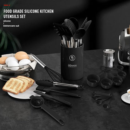 oannao Large Silicone Cooking Utensils Set - Heat Resistant Kitchen Utensils Sets,Spatula,Spoon,Turner Tongs,Whisk,Stainless Steel Cooking Utensil for Nonstick Cookware Dishwasher Safe (Black)