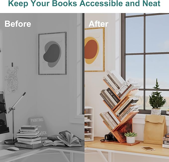 Tree Bookshelf, 5 -Tier Book Storage Organizer Shelves Floor Standing Bookcase, Wood Storage Rack for Office Home School Shelf Display for Cd/Magazine (Rustic Brown)