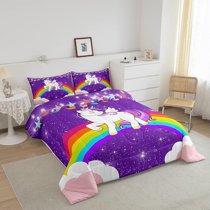 Kids Unicorn Comforter Set Queen Cartoon Rainbow Bedding Set for Girls Children Purple Cute Unicorn Glitter Down Comforter Kawaii Galaxy Stars Fantasy Geometric Room Decor Bedding Comforters & Sets