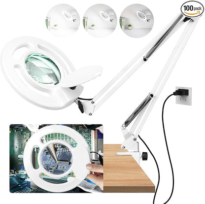 HITTI 10X Long Magnifying Glass with Light and Stand, 2200 Lumens Dimmable Bright Workbench Light, Ajustable Swing Arm LED Lighted Magnifier, Magnifying Lamp with Clamp for Hobby Repair Craft - White
