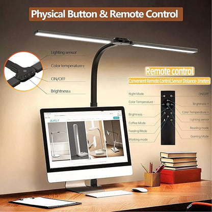 LED Desk Lamp for Office Home,24W Double Head Architect Desk Lamp with Clamp,Remote Control,Ultra Bright Auto Dimming,Stepless Lighting,Flexible Gooseneck Dimming Table Light