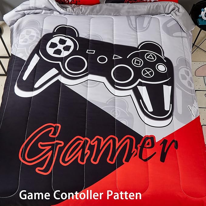 Gaming Comforter Sets for Kids Teen Boys,Video Games Controller Pattern Bedding Set for Room Decor, Twin Size 2-Piece Reddish Black Gamer Comforter with Pillowcase,All Season(Red,Twin)