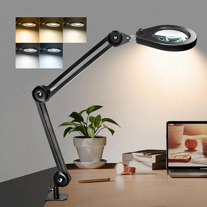 LED Magnifying Lamp with Premium Swing Arm, 5X Magnifying Glass with 5-Color Dimmable Light, Heavy-Duty Work Lamp Hands Free for Crafts, Precision Work, Estheticians - New Rotary Switch Design