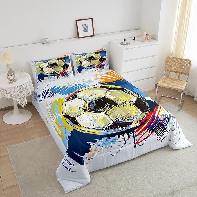 Erosebridal Graffiti Soccer Comforter Set King Size Football Quilt Set Sports Soccer Bedding Set for Kids Boys Girls Teen Soft Lightweight Duvet Insert for All Season,2 Pillow Cases Colorful