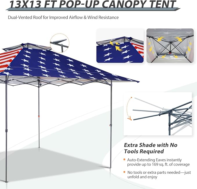 EAGLE PEAK 13x13 Straight Leg Pop Up Canopy Tent Instant Outdoor Canopy Easy Single Person Set up Folding Shelter w/Auto Extending Eaves 169 Square Feet of Shade (American Flag)