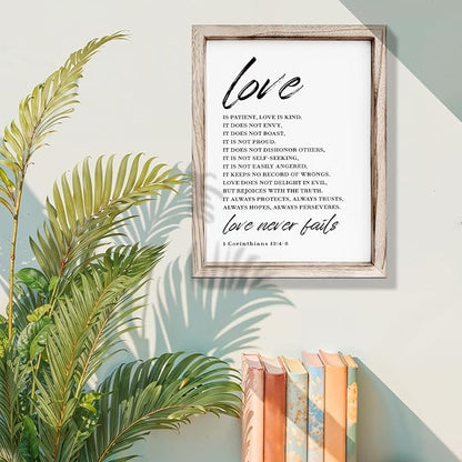Love Wood Signs, Christian Wooden Wall Sign, Master Bedroom Signs, Inspirational Christian Gift, Home Decor, Framed Wall Plaque Sign 15 * 11.5 inches, Love is the Patient