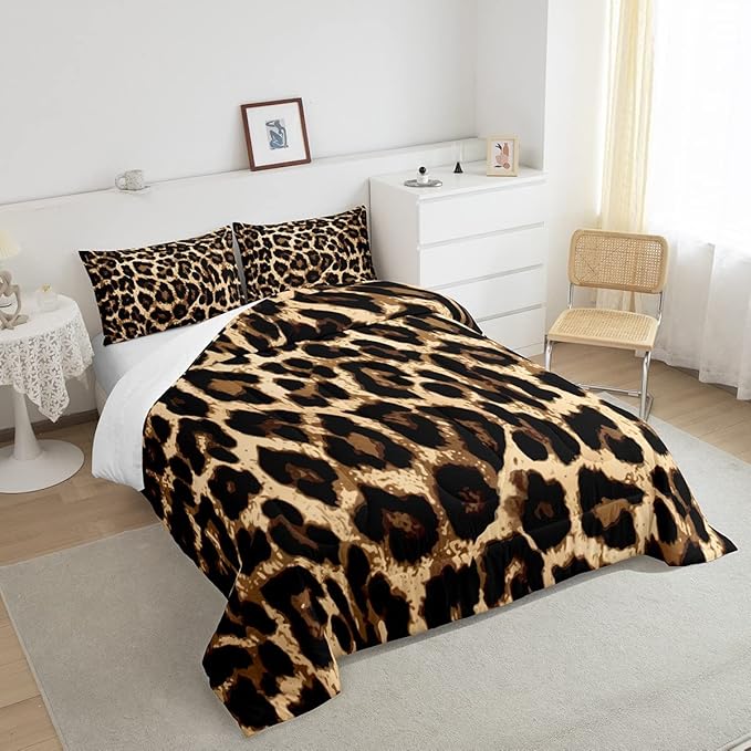 Leopard Print Comforter Set Africa Cheetah Print Bedding Set Safari Animal Pattern Duvet Set for Kids Boys Girls Children Teens Men Women Bedroom Decor Black and Brown Leopard Comforter Twin Size 2Pcs