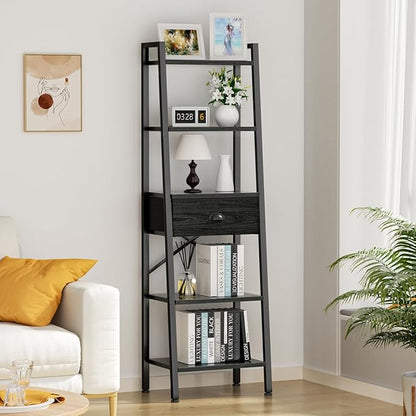 Furologee 5 Tier BookShelf, Ladder Shelf with Drawer, Tall Bookcase Corner Shelf, Narrow Shelf Industrial Display Standing Units for Home Office, Living Room, Bedroom, Kitchen, Black Oak