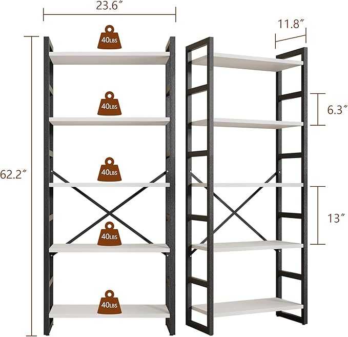 Shintenchi 5 Tiers Bookshelf, Classically Tall Bookcase Shelf,Industrial Book Rack,Modern Book Holder in Bedroom/Living Room/Office, Storage Rack Shelves for Books/Movies,11.8" Dx23.6 Wx62.2 H,White