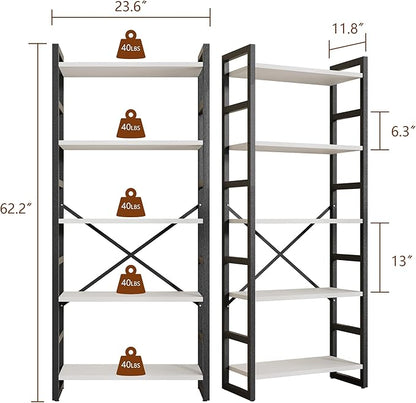 Shintenchi 5 Tiers Bookshelf, Classically Tall Bookcase Shelf,Industrial Book Rack,Modern Book Holder in Bedroom/Living Room/Office, Storage Rack Shelves for Books/Movies,11.8" Dx23.6 Wx62.2 H,White