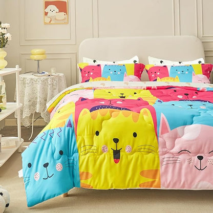 Wajade Kids Cute Cats Comforter Set Bed in A Bag Full Size 7 Piece Colorful Cartoon Pet Cats Bedding Set for Boys Girls (1 Comforter, 1 Flat Sheet, 1 Fitted Sheet, 2 Pillowcase and 2 Pillow Sham)