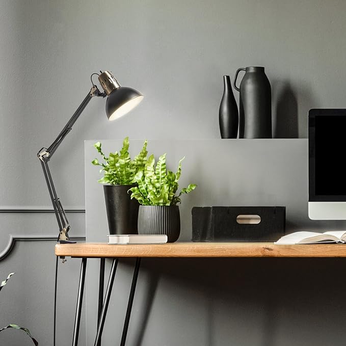Globe Electric 62000009 32" Multi-Joint Desk Lamp with Metal Clamp, Matte Black, Antique Brass Accents, On/Off Rotary Switch on Shade, Partially Adjustable Swing Arm, Home Décor, Office Accessory