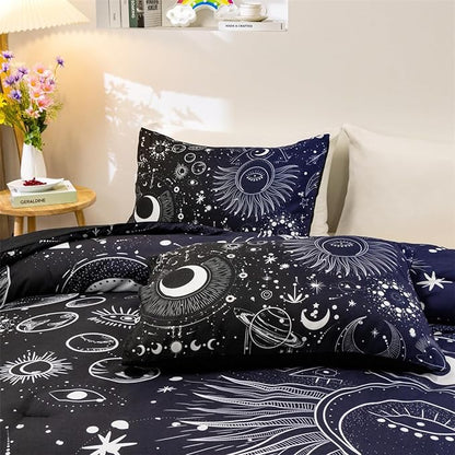 Holawakaka Stars Moon Constellation Print Comforter Set Queen Size Girls Boys Witchy Astrology Zodiac Celestial Bedding Set (Navy Blue, Queen)