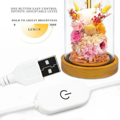 Preserved Fresh Flower Lamp, Room Sleep Lamp with Warm Light, True Immortal Flower Lamp, Decoration for Cabinet, DIY Handmade Flower Unique for Your Partner, Pink