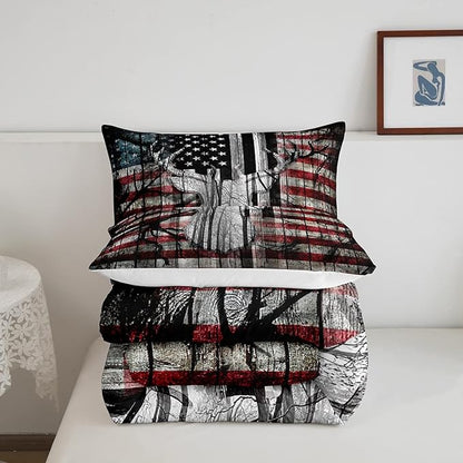 Feelyou American Flag Deer Antlers Bedding Set Hunting Camping Comforter Set for Kids Boys Girls USA Flag Comforter Tree Branch Inner Fill Duvet Set 1 Comforter Set with 2 Pillowcases Full Size