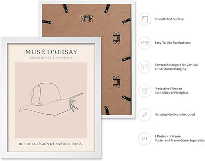 Poster Master Vintage Poster - Retro One Line Snail Drawing Print - Snail Line Art - Minimal Gift for Men, Women, Animal Lover - Abstract Wall Decor for Home, Office, 8x10 White Framed