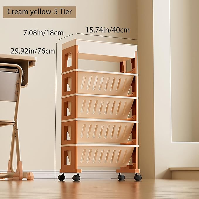 5 Tier Book Rack Storage Bookshelf, Mobile Bookshelf with Wheels, Removable Movable Unique Bookcase, Rolling Book Cart, Bookshelves for Students Study in Dorm Classroom Living Room School(CreamYellow)