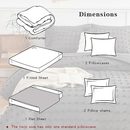7 Pieces Tufted Dots Bed in a Bag King Comforter Set with Sheets Grey , Soft and Embroidery Shabby Chic Boho Comforters, Solid Color with Pom Pom Design, Jacquard Tufts Bedding Set for All Season