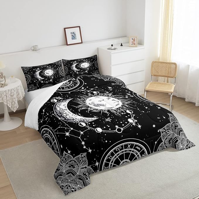 Sun and Moon Bedding Set Constellation Galaxy Comforter for Kids Boys Girls Teens Psychedelic Boho Mandala Comforter Breathable Celestial Duvet Set Black White Room Decor Quilt Cover Twin Size