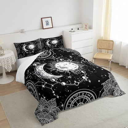 Sun and Moon Bedding Set Constellation Galaxy Comforter for Kids Boys Girls Teens Psychedelic Boho Mandala Comforter Breathable Celestial Duvet Set Black White Room Decor Quilt Cover Twin Size