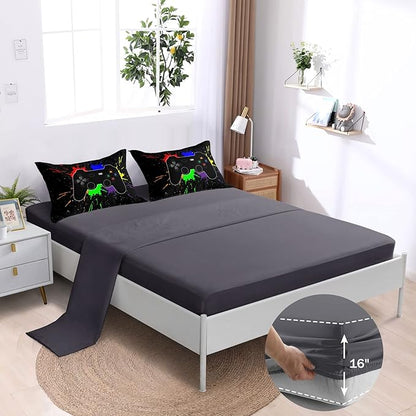 Boys Bed in a Bag Game Comforter Sets Queen Size,Video Game Controller Comforter for Boys Kids Adult 3D Gamepad Microfiber bed Set 6 Pieces Gaming bedding set 3001,Queen