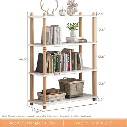 IOTXY 4-Tier Wooden Shelf Bookcase - Modern Open Bookshelf, Free Standing Storage Rack, Multifunctional Display Stand for Home and Office, White, Rectangle