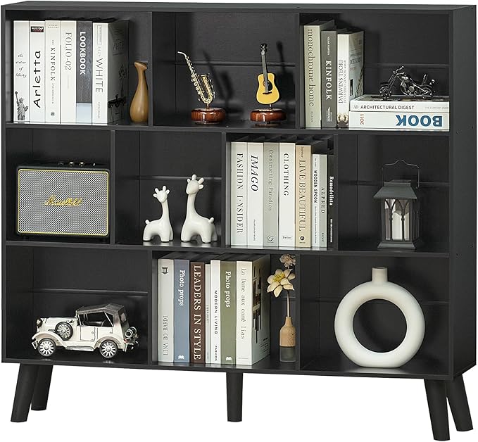 YAHARBO 10 Cube Bookshelf,3 Tier Bookcase with Legs,Black Mid-Century Modern Bookshelves,Large Free Standing Open Storage Organizer Shelf,Tall Wooden Book Case Furniture for Bedroom,Living Room,Office