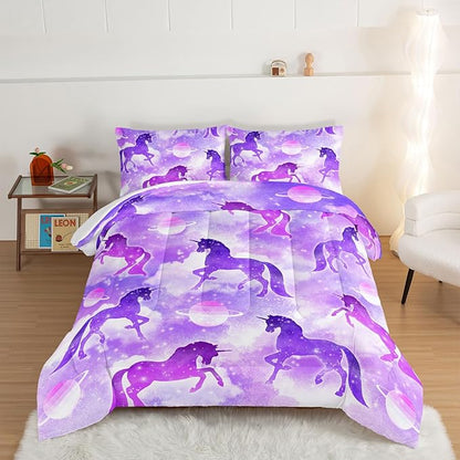 HOSIMA Purple Unicorn Bedding Sets for Girls Kids,3 Piece Soft Microfiber Galaxy Comforter Princess Crib Bedding Set Unicorn Bedroom Decor for Girls Room,Planet Cloud Queen Comforter Set.