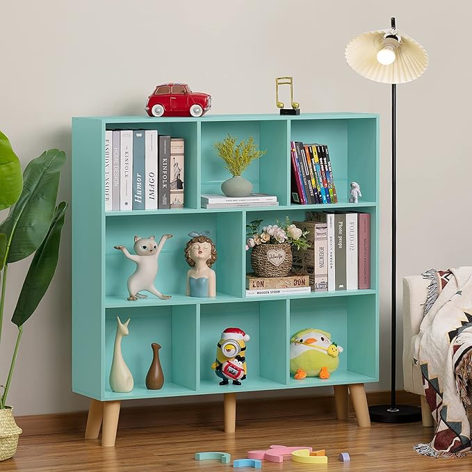 LEYAOYAO 8 Cube Bookshelf 3-Tier Bookcase with Legs, Mint-Green Kids Book Shelf Cute Storage Organizer, Large Open Toy Shelves Modern Bookshelves,Display Bookcases for Bedroom,Living Room,Nursery